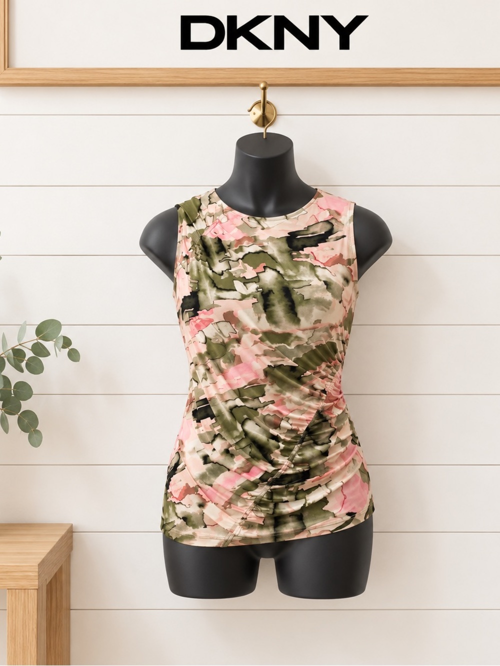 DKNY Pink & Olive Abstract Print Ruched Top Size S